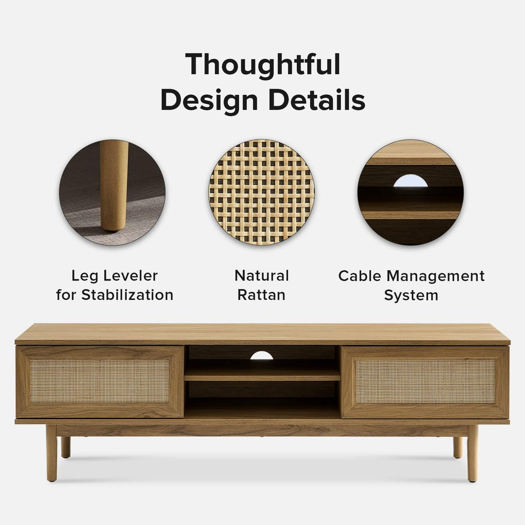 mopio Haylee TV Stand, Modern Farmhouse Television Stand for 55/60/65 inch TV, Natural Rattan Boho Entertainment Center with Storage, Media Console Credenza Table for Living Room, Bedroom (Oak 59')