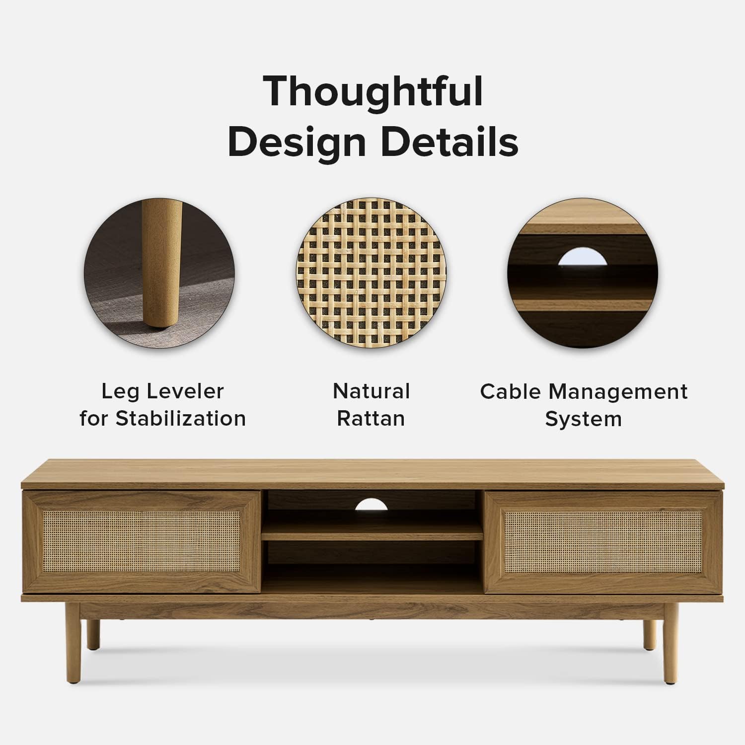 mopio Haylee TV Stand, Modern Farmhouse Television Stand for 55/60/65 inch TV, Natural Rattan Boho Entertainment Center with Storage, Media Console Credenza Table for Living Room, Bedroom (Oak 59')