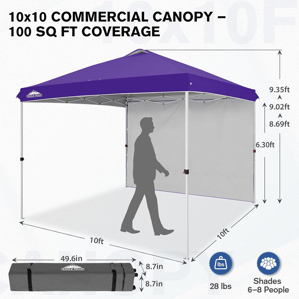 EAGLE PEAK Commercial Canopy 10x10 Pop Up Canopy Tent with 1 Sidewall, Easy Setup Heavy Duty Instant Event Shelter for Vendors & Markets, Outdoor Sun Shade, Purple
