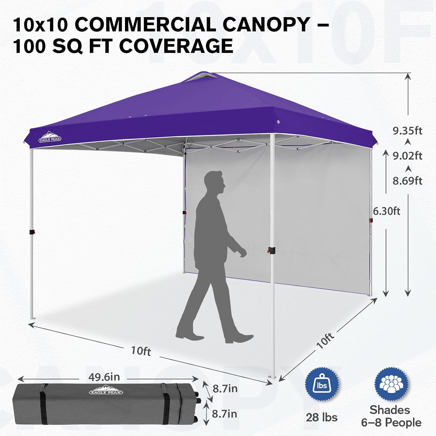 EAGLE PEAK Commercial Canopy 10x10 Pop Up Canopy Tent with 1 Sidewall, Easy Setup Heavy Duty Instant Event Shelter for Vendors & Markets, Outdoor Sun Shade, Purple