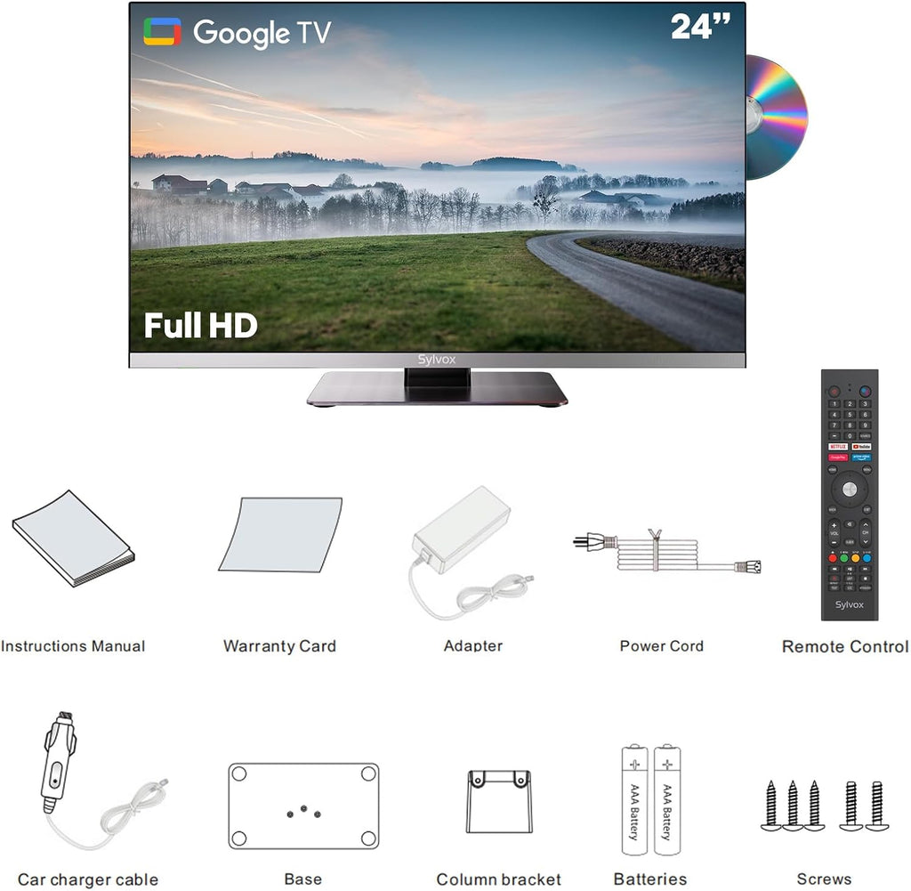 SYLVOX Smart RV TV, 24 inch TVs with DVD Player Built-in, 12 Volt for RV Camper 1080P FHD, Google Smart Free Download APPs, Support WiFi Bluetooth, 2 HDMI & 2 USB, AC/DC Powered, Frameless Design