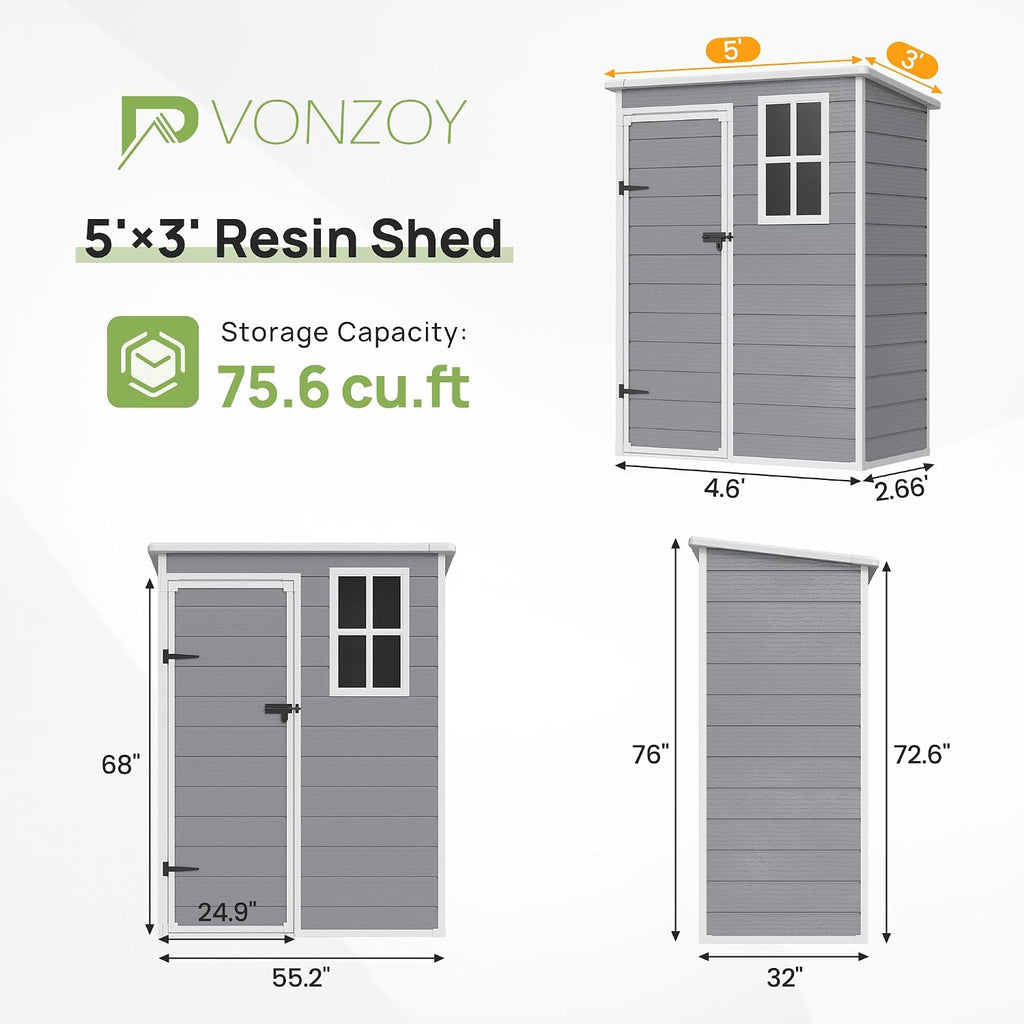 Resin Storage Sheds with Floor, 5x3FT Plastic Garden Shed with Lockable Door, Window, Waterproof, Outdoor Tool Storage for Bike, Garbage Can, Light Grey