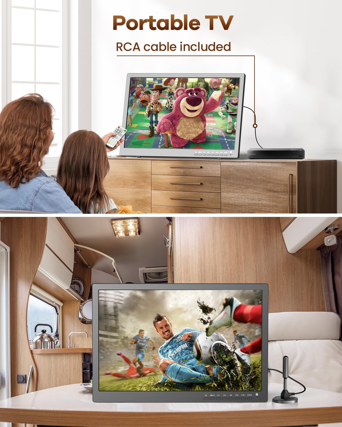 NORTHING 1080P 12 Volt Portable TV with Antenna/USB/HDMI/AV, for Camping Home Kitchen Power Outage, Sleep Timer (Inches, 17)