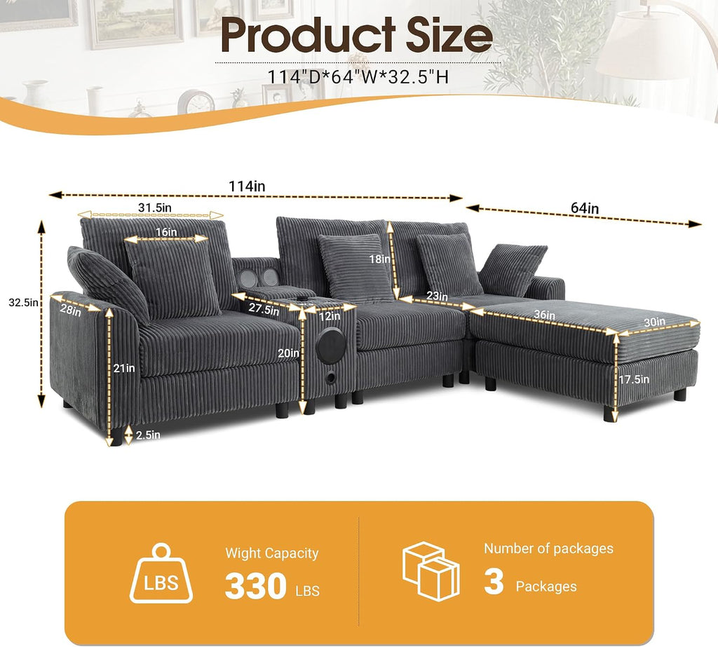 MAKIAAP 114' Corduroy Sectional Modular Couch with Speakers, L Shaped Couches Comfy Deep Sofa with Console, USB Charger, Cup Holders, Storage, Ottoman for Living Room (Gray, 114in)