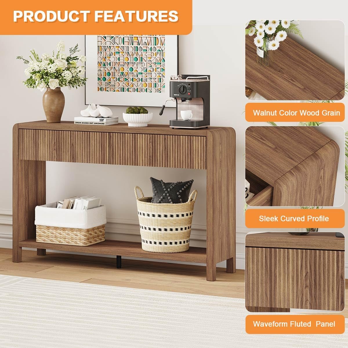 FATORRI Console Sofa Table for Entryway, Wood Foyer Tables for Living Room, Farmhouse Couch Table behinde Sofa with 2 Drawers for Hallway Storage (47.2 inch, Walnut)