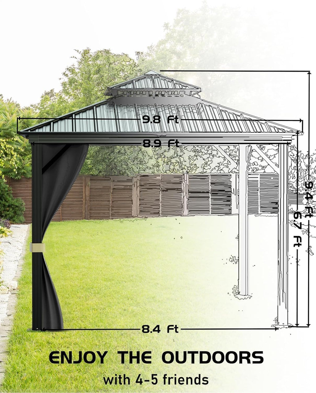 KYBOLT 10x10 Ft Hardtop Gazebos with Heavy Duty Double Roof, Nettings and Curtains Galvanized Steel Outdoor Gazebos for Patio, Backyard, Deck, Lawn