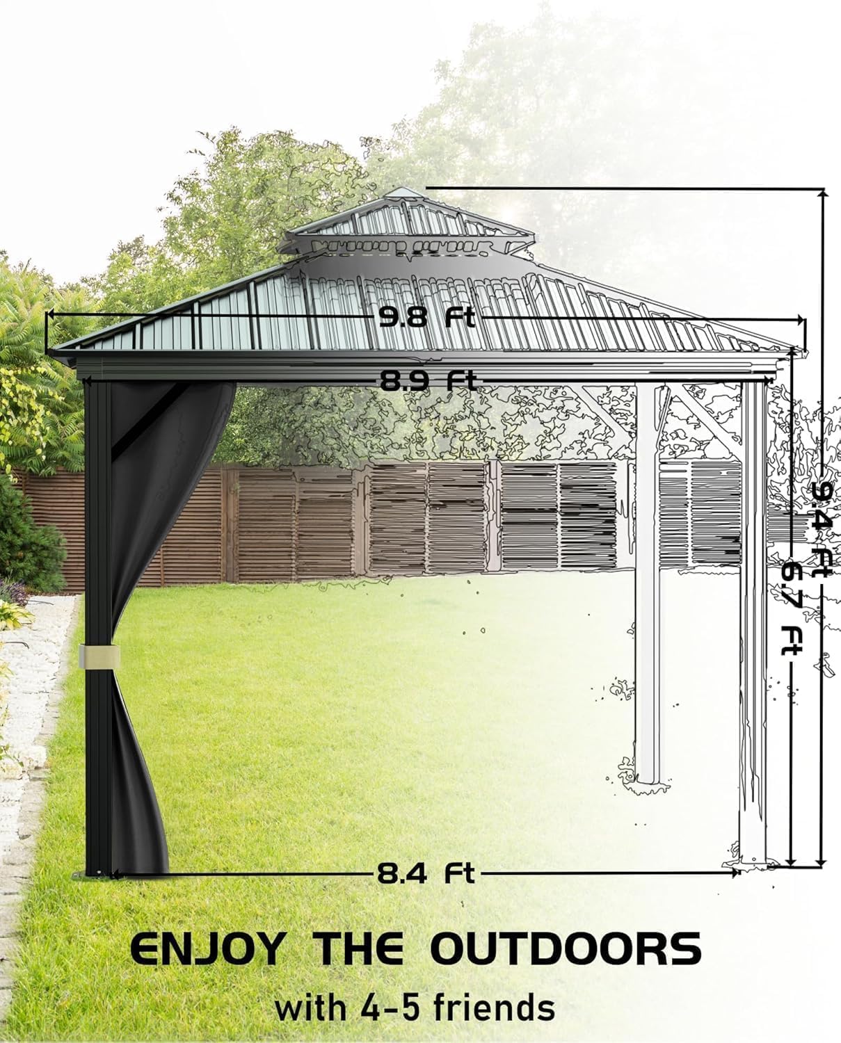KYBOLT 10x10 Ft Hardtop Gazebos with Heavy Duty Double Roof, Nettings and Curtains Galvanized Steel Outdoor Gazebos for Patio, Backyard, Deck, Lawn