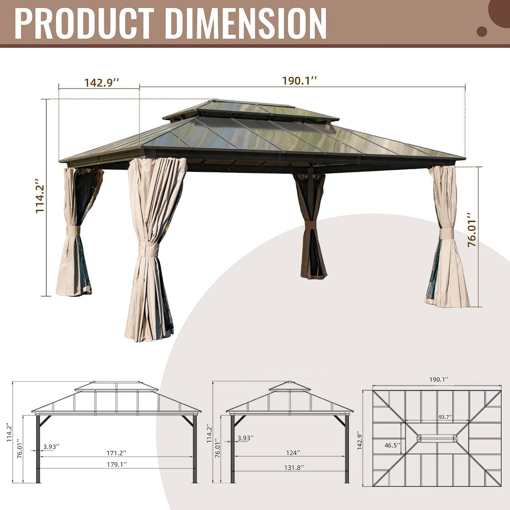 Domi Hardtop Gazebo 12X16FT, Outdoor Aluminum Gazebo with Polycarbonate Double Roof, Curtain and Netting,Permanent Pavilion for Patio Deck,Backyard, Brown