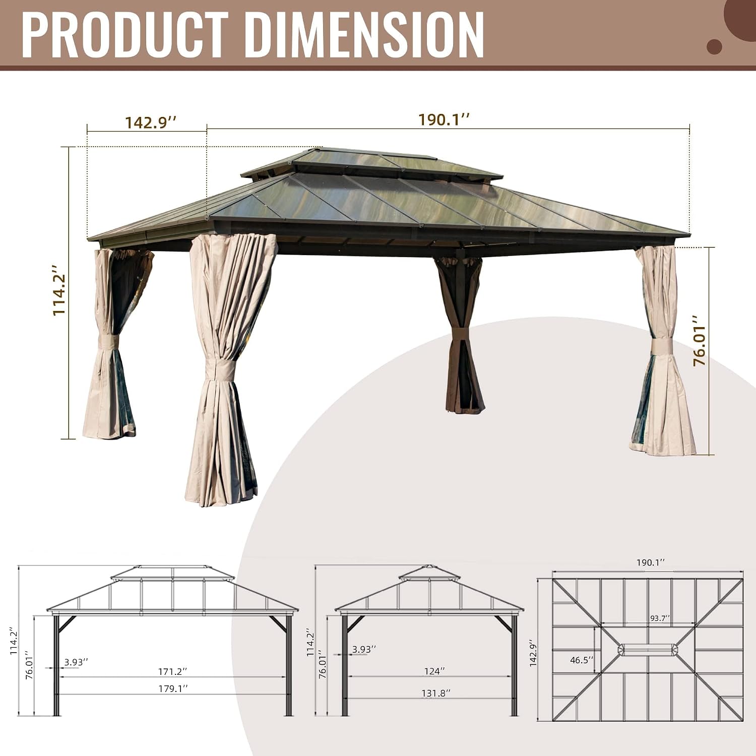 Domi Hardtop Gazebo 12X16FT, Outdoor Aluminum Gazebo with Polycarbonate Double Roof, Curtain and Netting,Permanent Pavilion for Patio Deck,Backyard, Brown