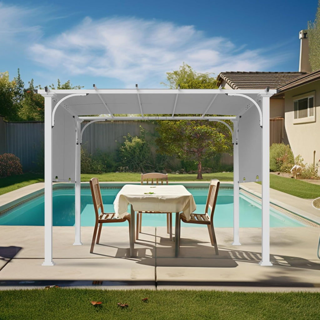 10'x10' Outdoor Pergola Gazebo with Retractable Textilene Canopy Shade, Steel Pergola for Patio, Backyard, Garden and Lawn, Gray