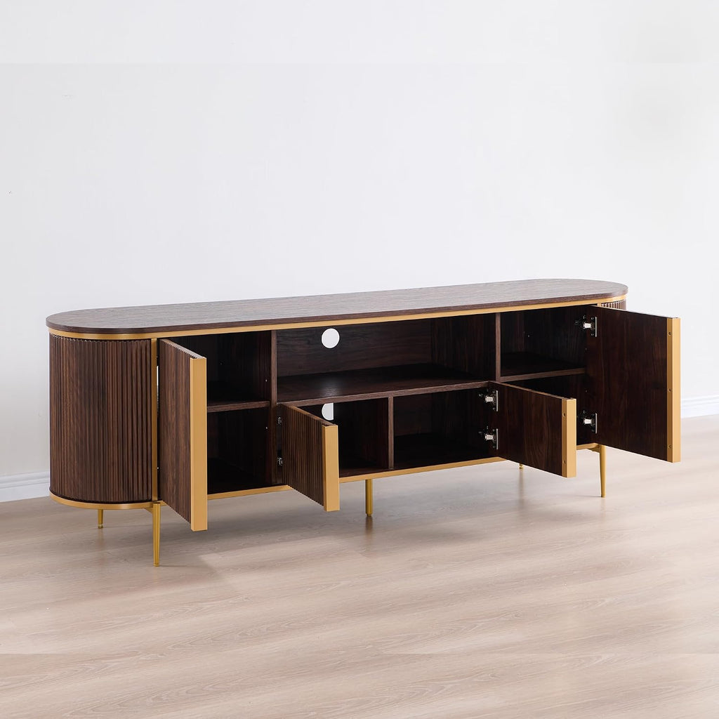 OKD Luxury 70' Fluted TV Stand, Modern Chic Entertainment Center for TVs Up to 80 inches, TV Console with Faux Marble Top, Curved Profile Design, Media Console for Living Room, (Dark Walnut)
