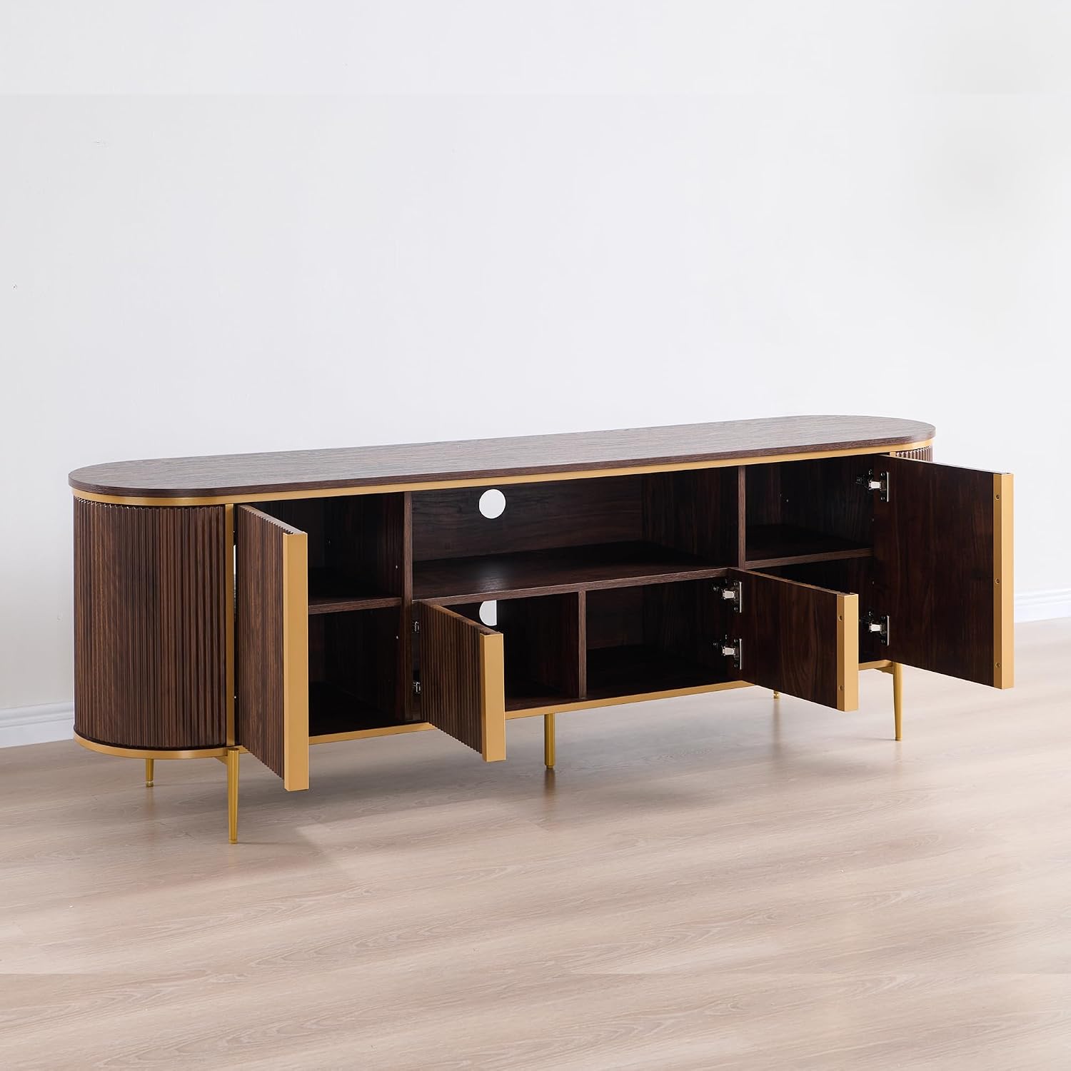 OKD Luxury 70' Fluted TV Stand, Modern Chic Entertainment Center for TVs Up to 80 inches, TV Console with Faux Marble Top, Curved Profile Design, Media Console for Living Room, (Dark Walnut)