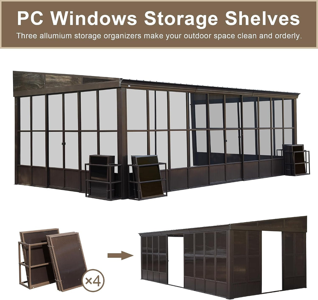 Domi 12x20FT Sun Room, Wall Mounted Gazebo Solarium with Galvanized Steel Sloping Roof, Moveable PC Screen, Front Door & 2 Side Entrance, Outdoor Aluminum Lean-to Sunroom for Patio Deck