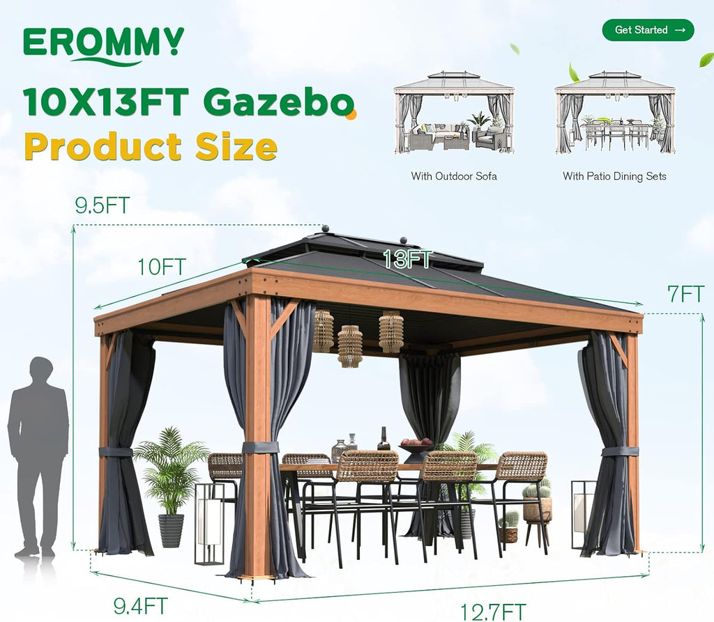 EROMMY 10' x 13' Hardtop Gazebo Outdoor Aluminum Wood Grain Gazebos with Galvanized Steel Roof and Mosquito Net for Patios, Deck,Backyard,Curtains&Netting