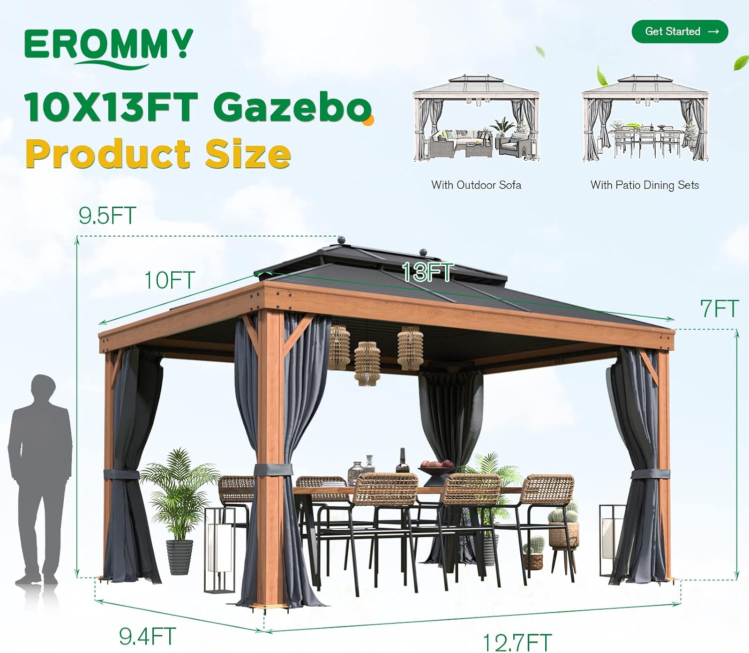 EROMMY 10' x 13' Hardtop Gazebo Outdoor Aluminum Wood Grain Gazebos with Galvanized Steel Roof and Mosquito Net for Patios, Deck,Backyard,Curtains&Netting