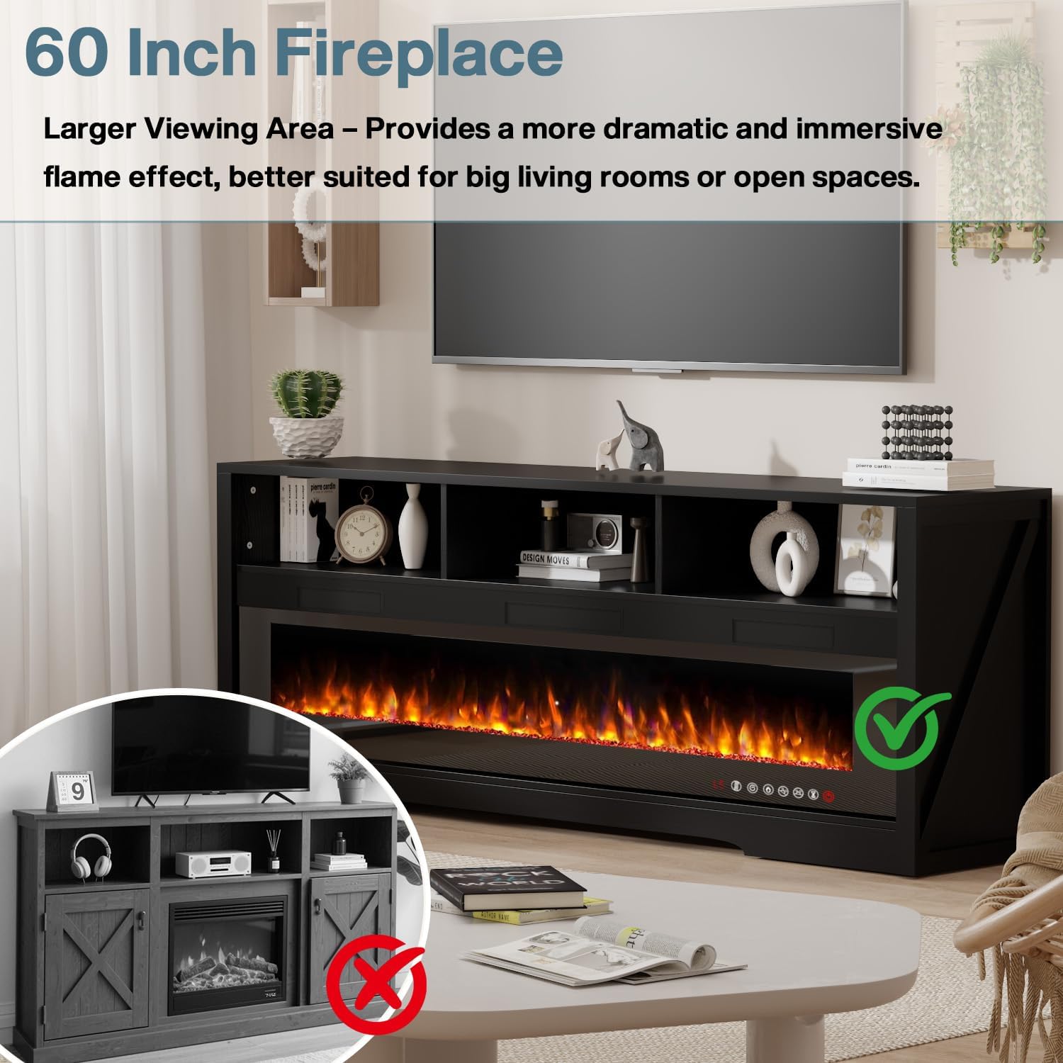 PRETZI 65' Fireplace TV Stand with 60' Glass Electric Fireplace for TVs Up to 75 inch, Modern Fireplace Entertainment Center with Open Storage Shelf, Media Console TV Cabiet for Living Room, Black