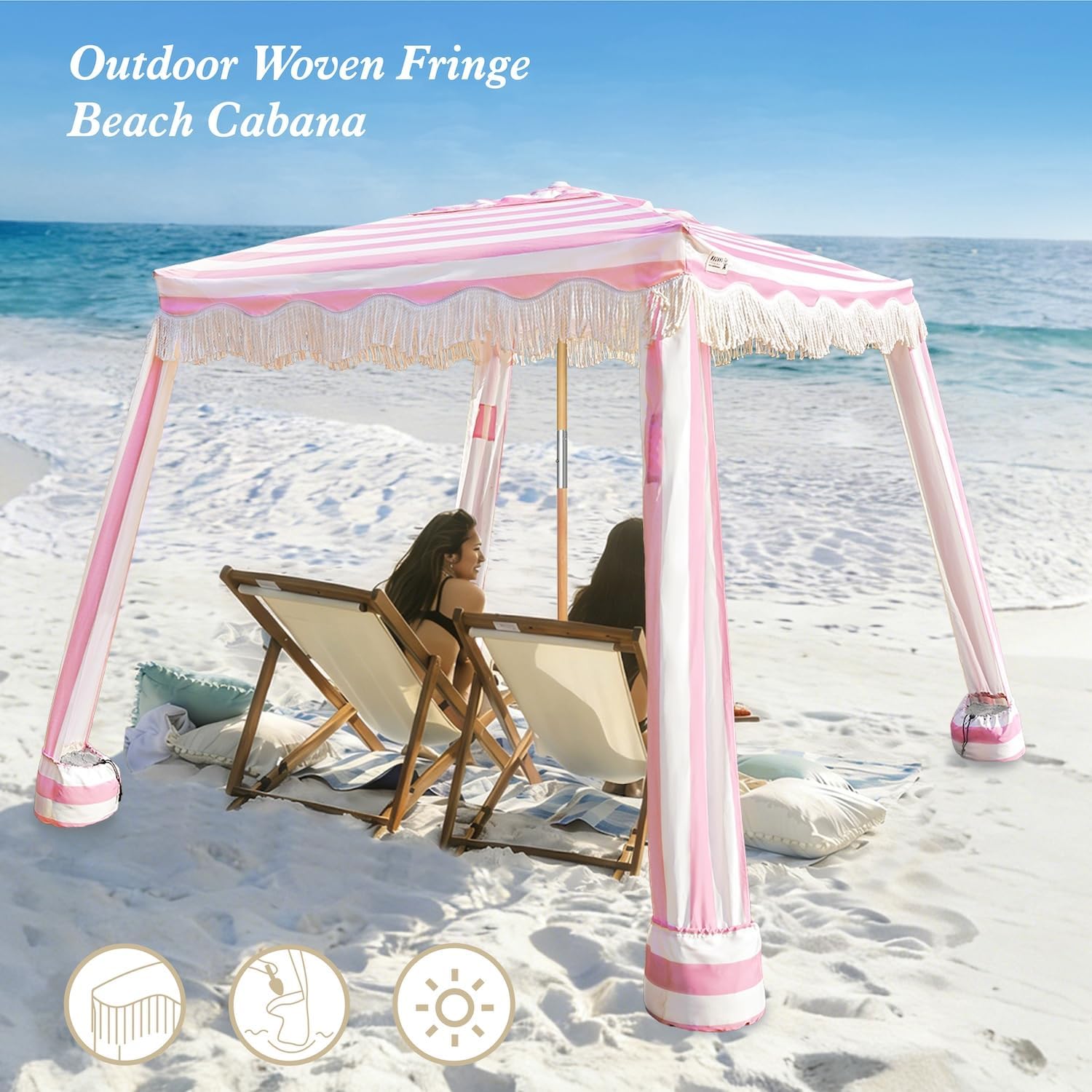 AMMSUN Beach Cabana with Fringe, 7' x 7' Boho Beach Canopy with Tassels, Easy Set up & Premium Wood Pole, Cabana Tent with Sand Pockets, Instant Sun Shade for Sand, Garden, Patio, Rose Stripes