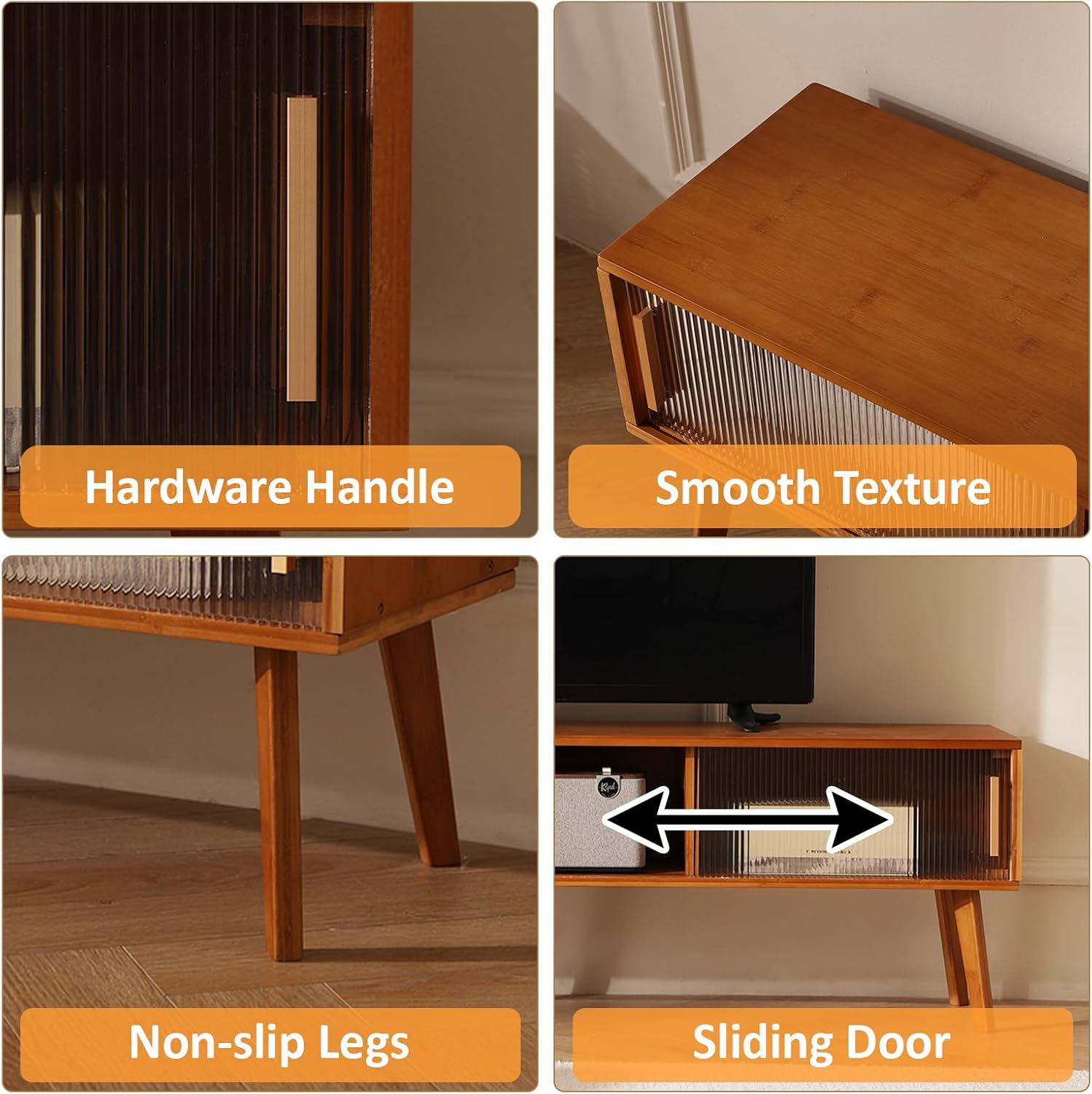 Baveke Bamboo TV Stand Entertainment Center tv Console, Mid-Century Modern Television Stand for 55-65 inch TVs, Wood TV Stand with Storage, Tv Stands for Living Room, Bedroom and Home Decor, Brown