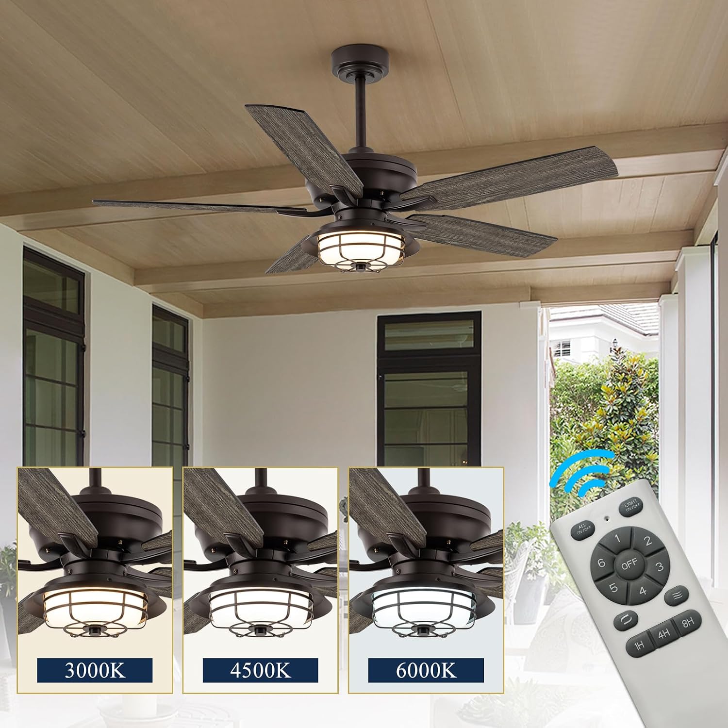 NORFOLK 52' Outdoor Ceiling Fans with Lights for Patios, Waterproof Ceiling Fan and Remote, Wet Rated and 3 Color LED Lighting, Farmhouse for Outside Gazebo Backyard Canopy, Grey Blades