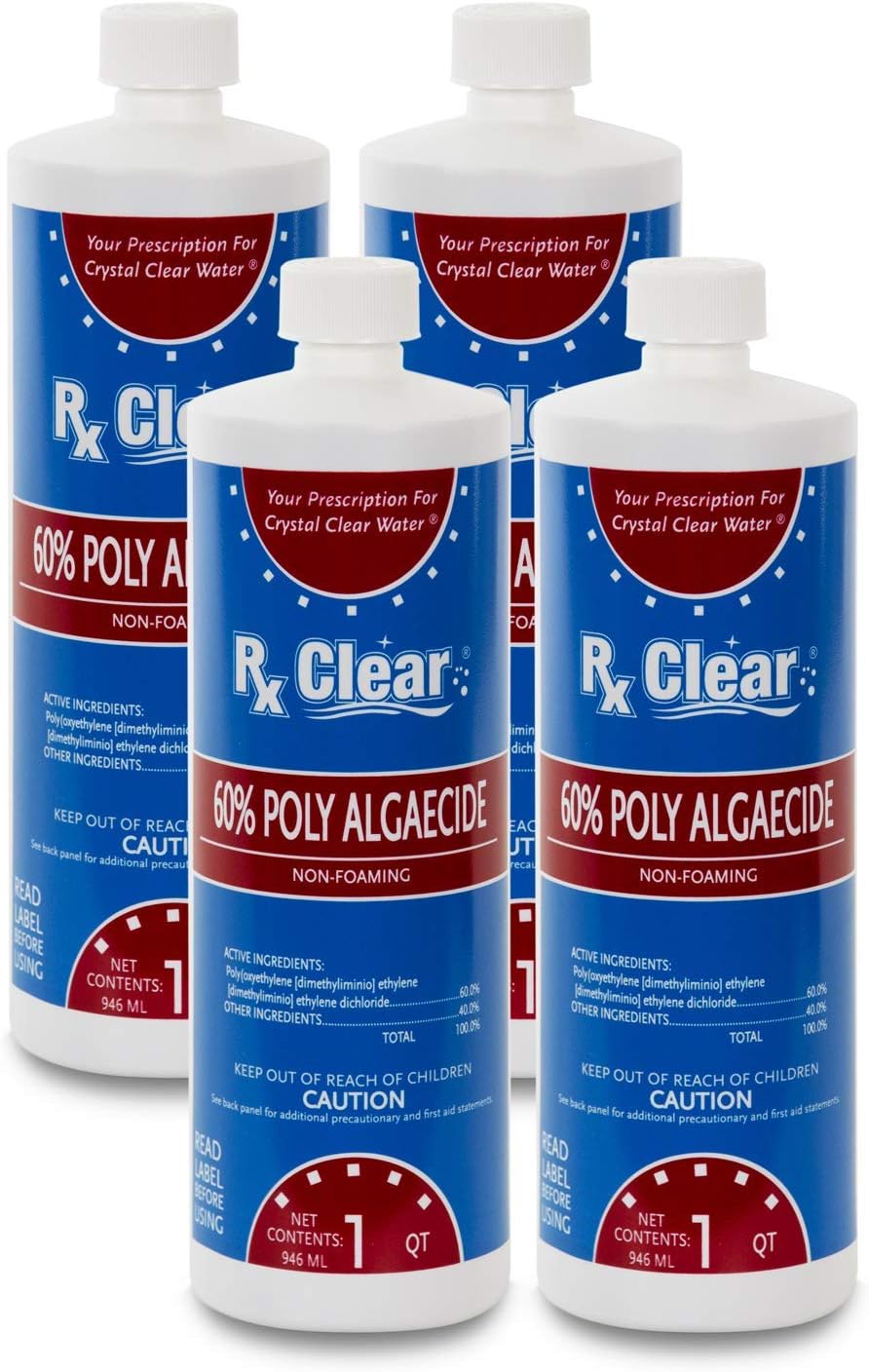 Rx Clear Algaecide 60 Plus | Non-Foaming Formula for Above Or In-Ground Swimming Pools | 60 Percent Poly-Algaecide | Keeping Algae in Suspension | One Quart Bottles | 4 Pack