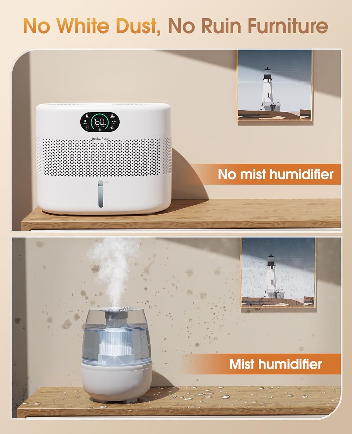 Reuseable Wick Evaporative Humidifier for Bedroom Quiet Healthy Baby Humidifier, No White Dust, Evaporative Humidifier Large Room 800ml/h 3 Speeds, 2