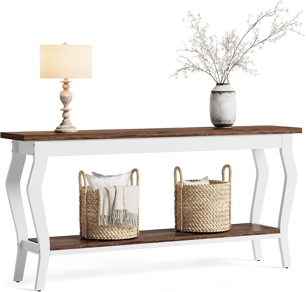 LITTLE TREE 70.9 Inches Long Console Table, 2-Tier Vintage Wooden Sofa Table Behind The Couch with Metal Legs for Hallway, Entryway, Living Room, Brown & White