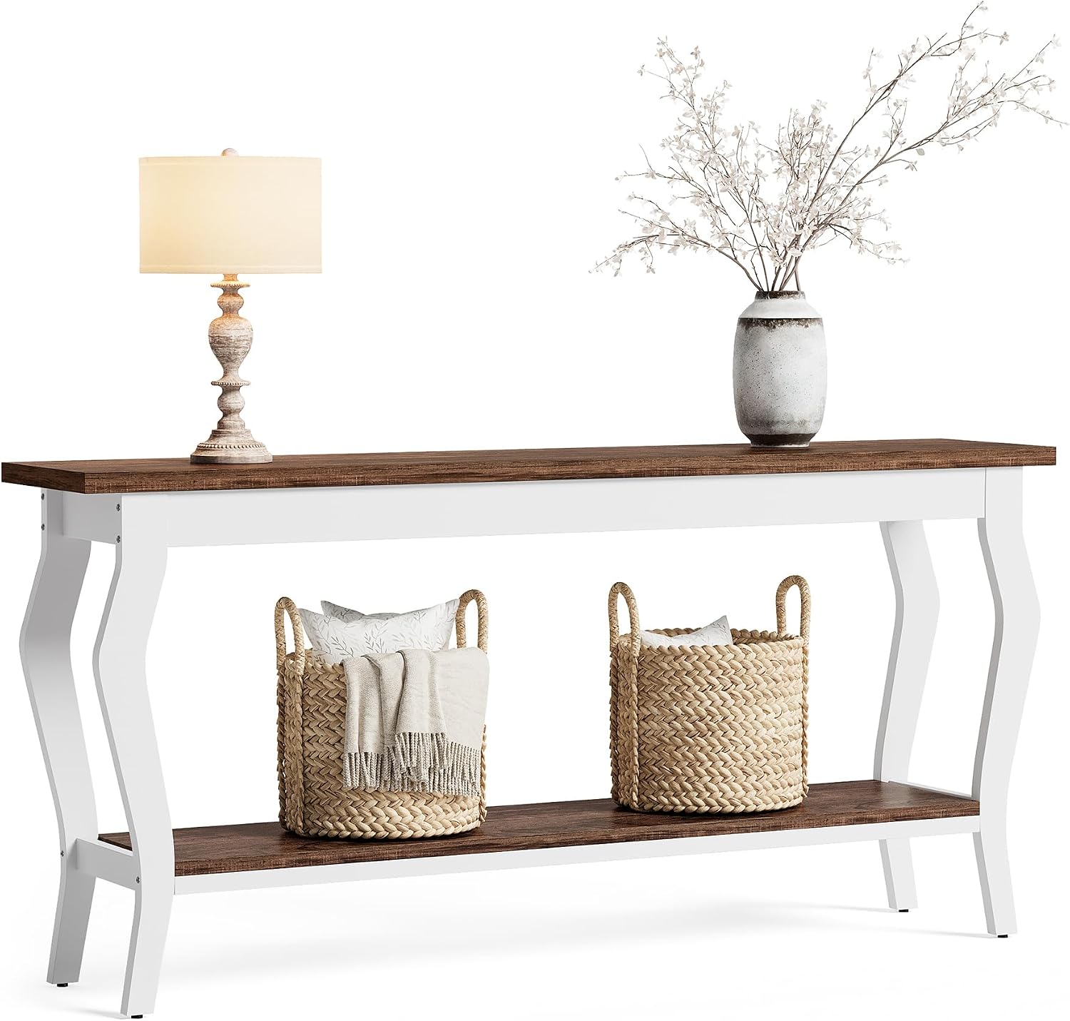 LITTLE TREE 70.9 Inches Long Console Table, 2-Tier Vintage Wooden Sofa Table Behind The Couch with Metal Legs for Hallway, Entryway, Living Room, Brown & White
