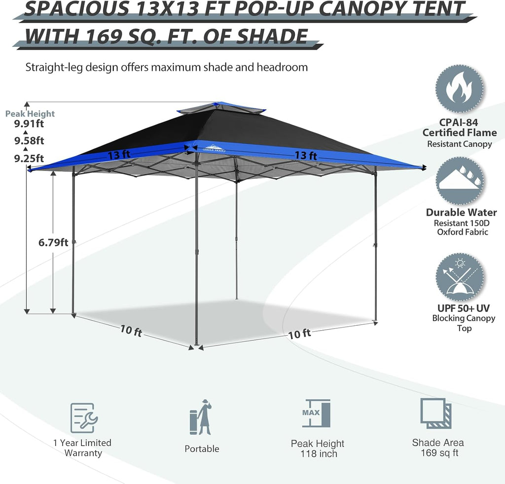 EAGLE PEAK 13x13 Straight Leg Pop Up Canopy Tent Instant Outdoor Canopy Easy Single Person Set up Folding Shelter w/Auto Extending Eaves 169 Square Feet of Shade (Black/Blue)