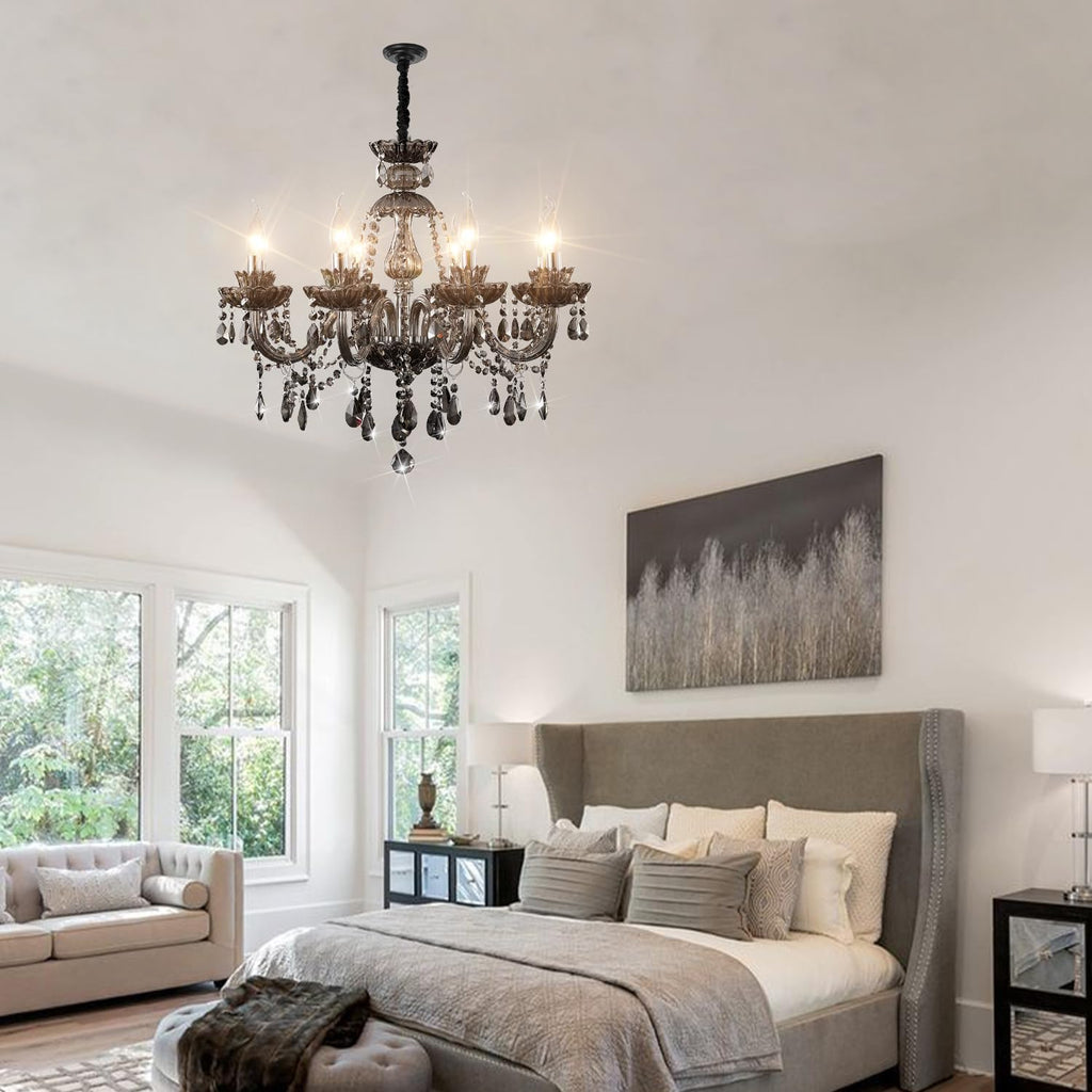 Luxurious Smoky Gray Crystal Chandelier for Living Room, Antique 6-Lights Teardrop Candle Chandelier Pendant Ceiling Lighting Fixture for Kitchen Dinner Party Closet Entryway of CRYSTOP