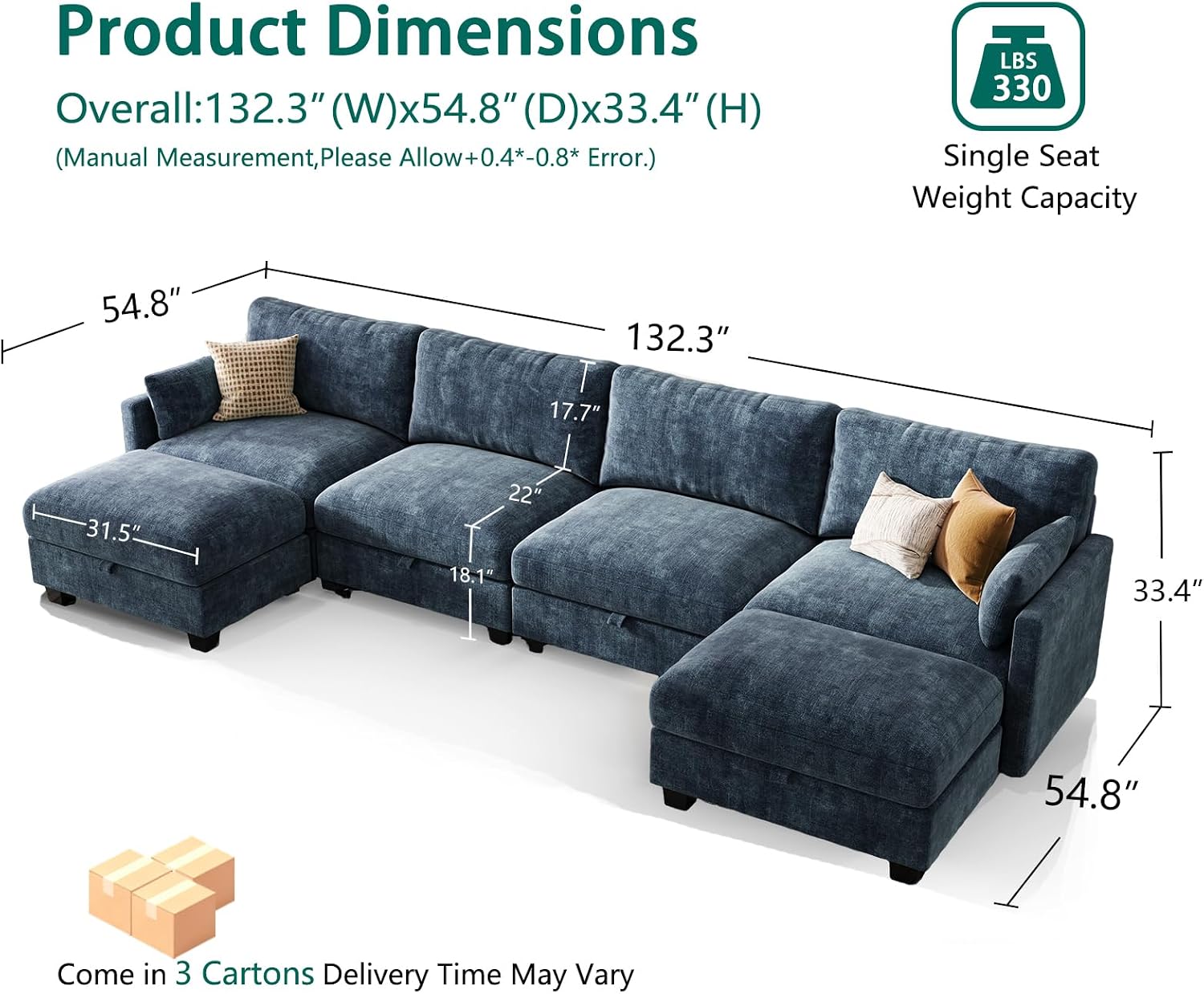 Modular Sectional U Shaped Sofa Couches for Living Room, Cloud Couch with Storage Ottoman, Comfy Chenille Sofa with Pillow, Blue