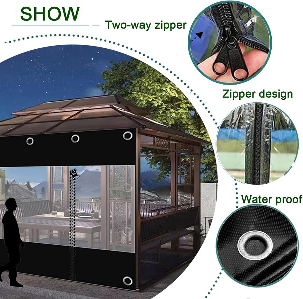 Clear Tarps with Zipper,Outdoor Vinyl Curtain ，Vinyl Patio Enclosure,Outdoor Curtains Heavy Duty Waterproof Transparent Tarp with Grommets， for Gazebo Porch Pergola(White,H2.4xW4m/H7.8xW13.1ft)