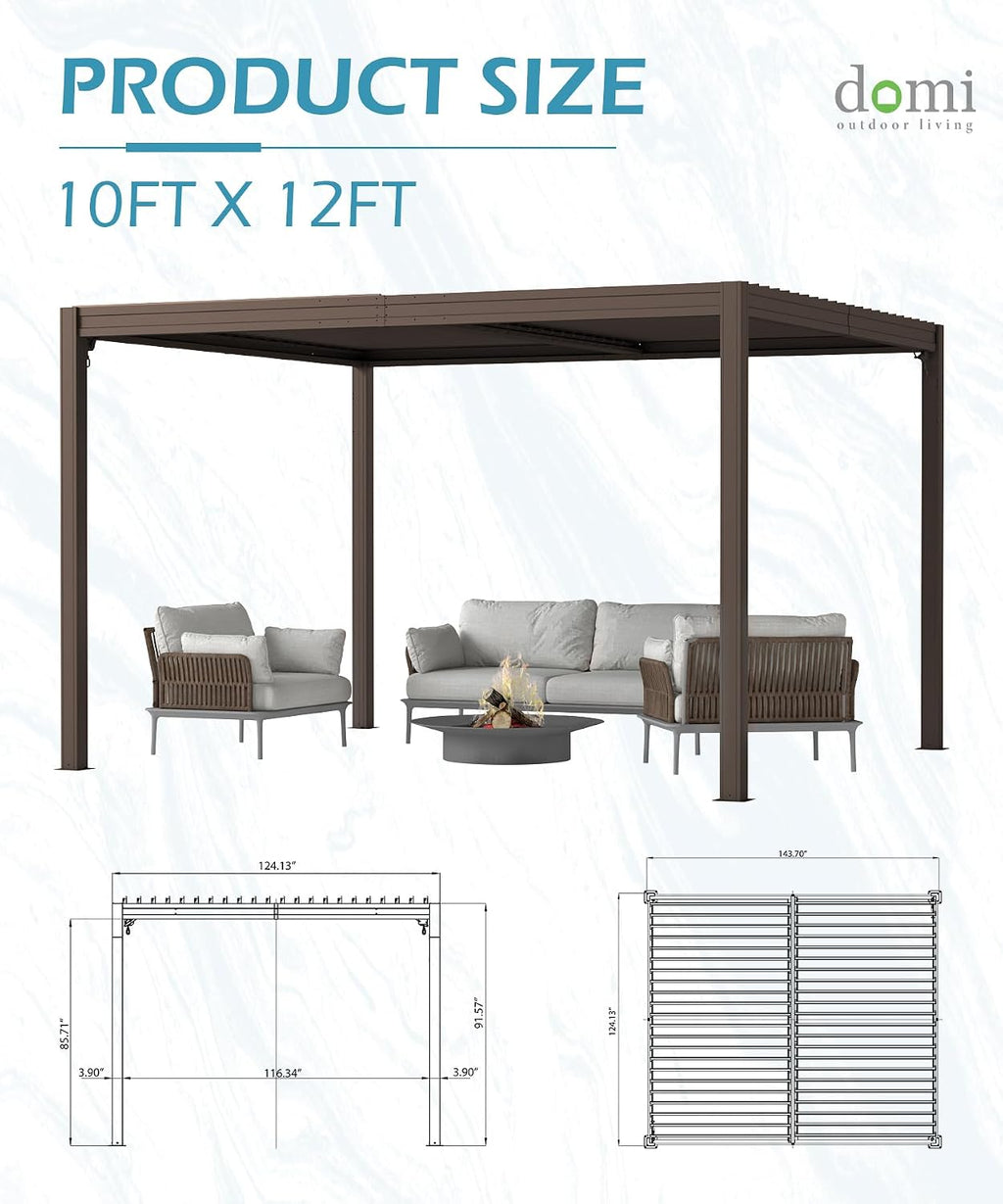 Domi 10x12FT Outdoor Louvered Pergola with Adjustable Roof, Alloy Rainproof Pergola for Backyard, Garden and Lawn,Brown