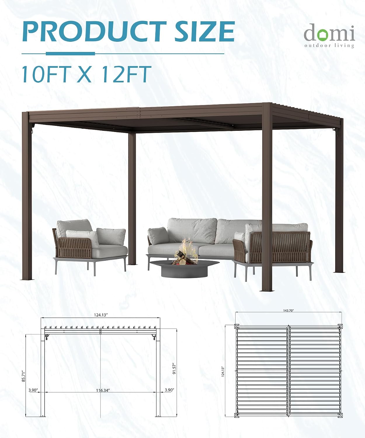 Domi 10x12FT Outdoor Louvered Pergola with Adjustable Roof, Alloy Rainproof Pergola for Backyard, Garden and Lawn,Brown