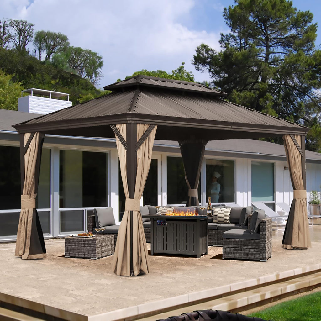 Domi 10x14FT Hardtop Gazebo, Outdoor Gazebo with Double Galvanized Steel Roof, Metal Pavilion Shelter for Patio, Lawn and Garden, Detachable Curtain and Netting Included, Brown