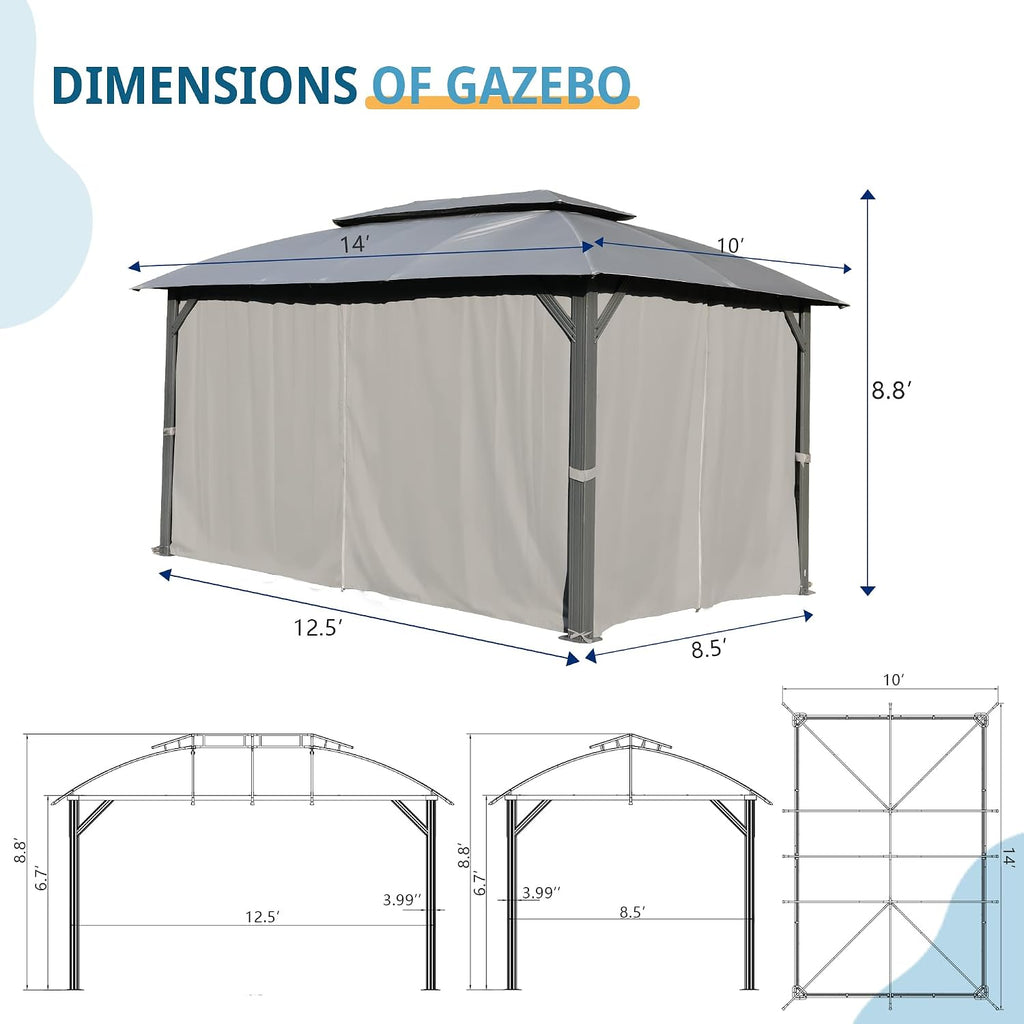 Domi Gazebo 10x14FT, Outdoor Gazebo with Double Roofs, Privacy Curtains, Mosquito Nettings, Heavy Duty Metal Frame Party Tent Canopy for Patio, Backyard, Deck, Lawn, Grey