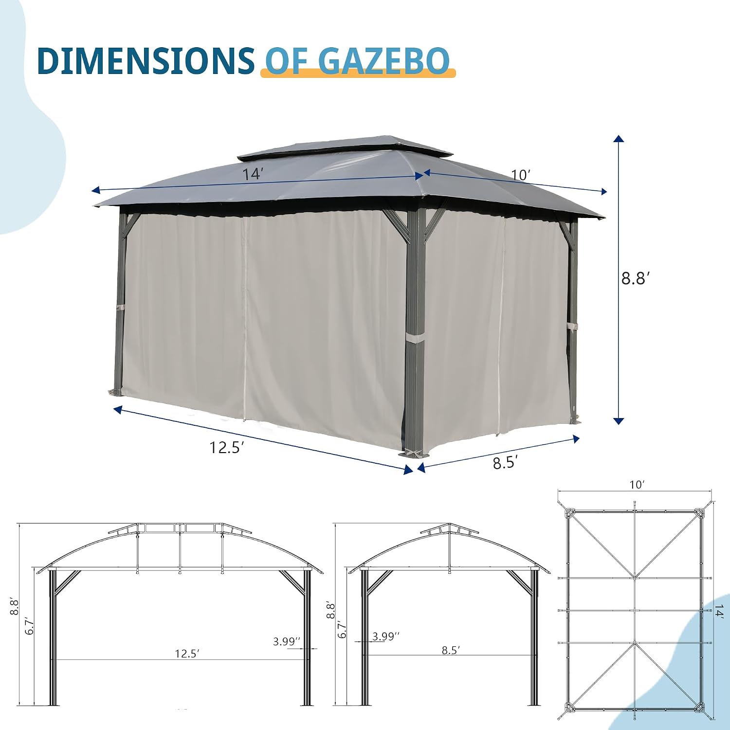 Domi Gazebo 10x14FT, Outdoor Gazebo with Double Roofs, Privacy Curtains, Mosquito Nettings, Heavy Duty Metal Frame Party Tent Canopy for Patio, Backyard, Deck, Lawn, Grey