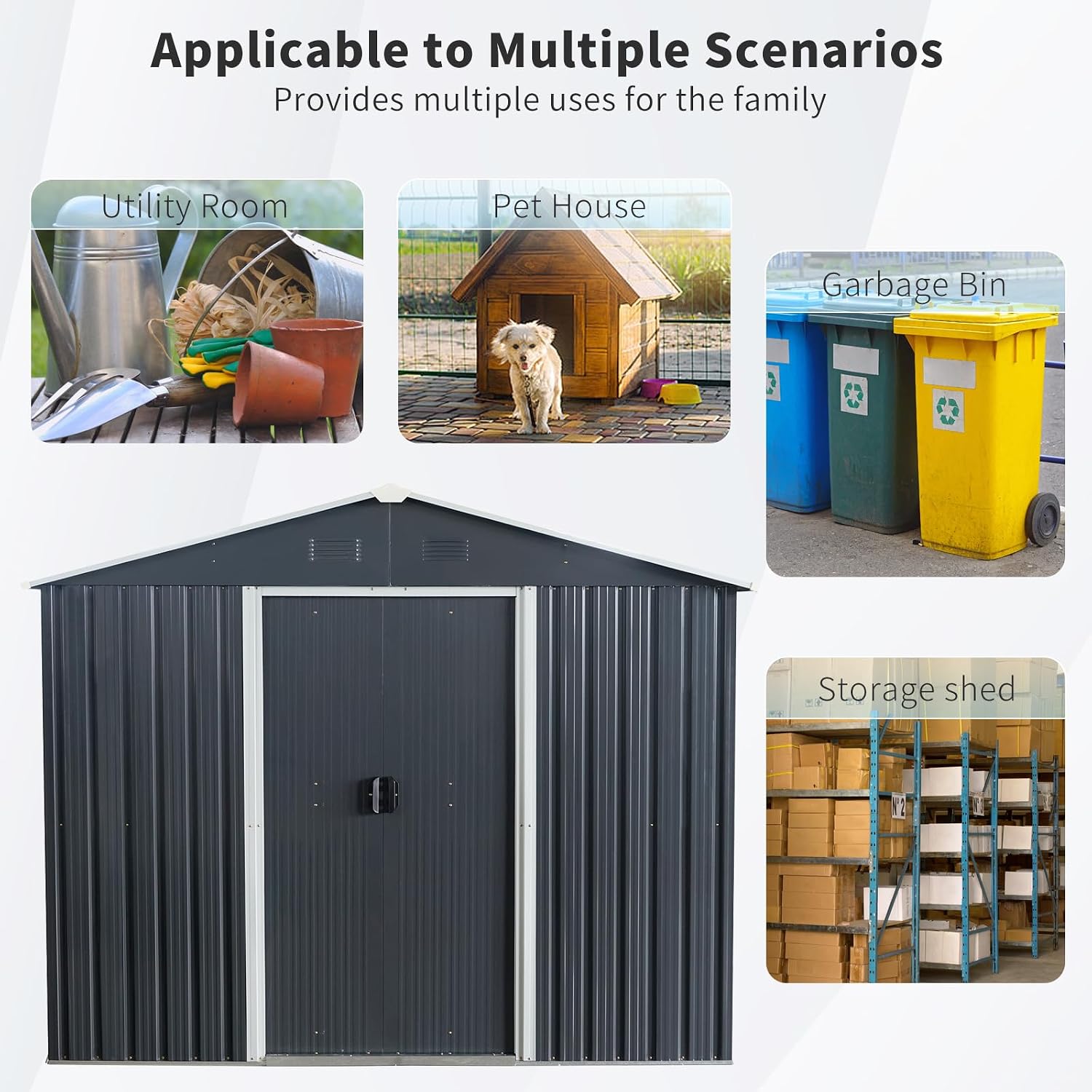 8X6 ft Outdoor Metal Storage Shed with Floor Floor, Lockable Galvanized Steel Tool Shed with Sliding Door and Air Vent, Waterproof Garden Storage House for Backyard, Patio