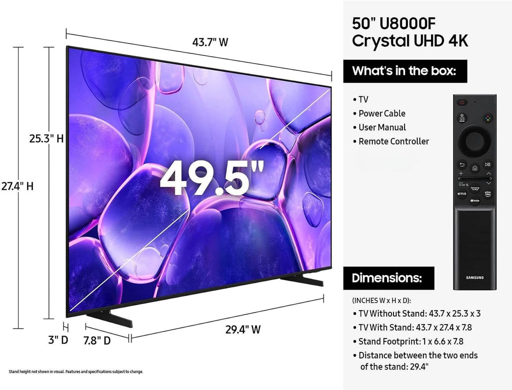Samsung 50 Inch Smart TV 2025 Class U8000 Series Crystal UHD 4K Smart Tizen TV with Bluetooth, Motion Xcelerator (Renewed)