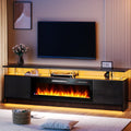 Kucreiheat Fireplace TV Stand for 70-90 inch TV, Large Entertainment Center with Fireplace,Power Outlet & LED Lights,High Gloss Living Room Storage Cabinet, Black, 80''(High)