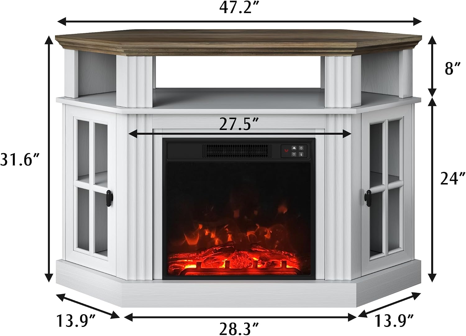 YESHOMY Corner Fireplace TV Stand for Television up to 55' with Storage Cabinets, Entertainment Center, Media Console for Living Room, Bedroom, White＆Rustic