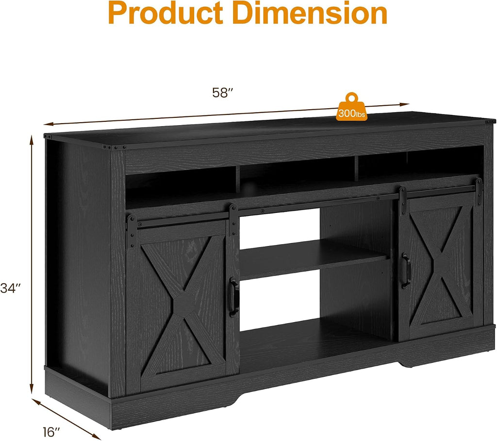 RoyalCraft Farmhouse TV Stand for 65+ Inch TV, Tall Entertainment Center with Storage Cabinets and Sliding Barn Doors, Mid Century Modern Media TV Console Table for Living Room (Black)