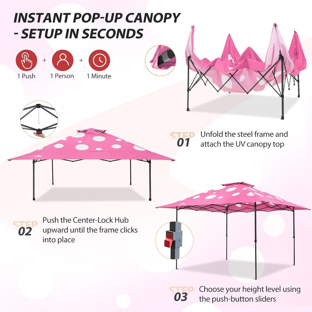 EAGLE PEAK 13x13 Straight Leg Pop Up Canopy Tent Instant Outdoor Canopy Easy Single Person Set up Folding Shelter w/Auto Extending Eaves 169 Square Feet of Shade (Pink Mushroom)