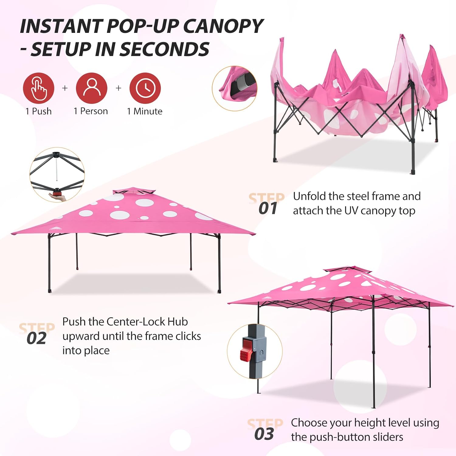 EAGLE PEAK 13x13 Straight Leg Pop Up Canopy Tent Instant Outdoor Canopy Easy Single Person Set up Folding Shelter w/Auto Extending Eaves 169 Square Feet of Shade (Pink Mushroom)