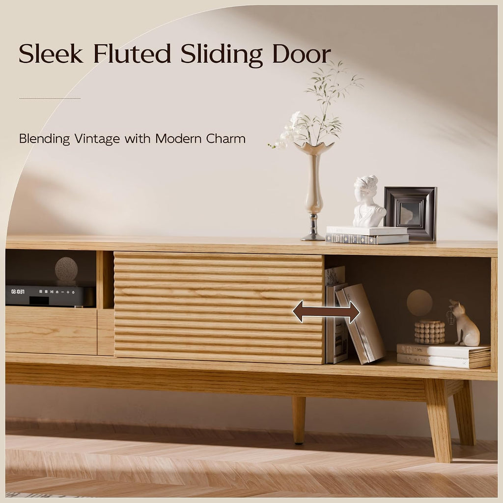 TOLEAD 70' Mid Century Modern TV Stand for TVs up to 75 Inch, Low Profile Entertainment Center with Fluted Sliding Doors & Storage Drawers, Wood TV Console Table for Living Room, Oak