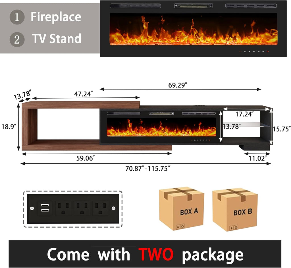Extendable TV Stand with 50' Electric Fireplace, 71'-116' Long TV Console for Up to 120 Inch TV, Modern LED Entertainment Center with Glass Shelf for Living Room Bedroom, Black & Walnut