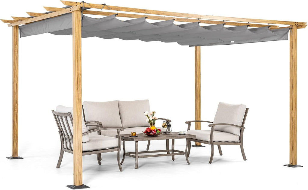 HAPPATIO 10' X 13' Retractable Pergola Canopy for Backyard, Garden, Patio; Woodgrain-Look Aluminum Frame with Retractable Pergola Canopy, Includes Anchors and Expansion Screws (Grey)