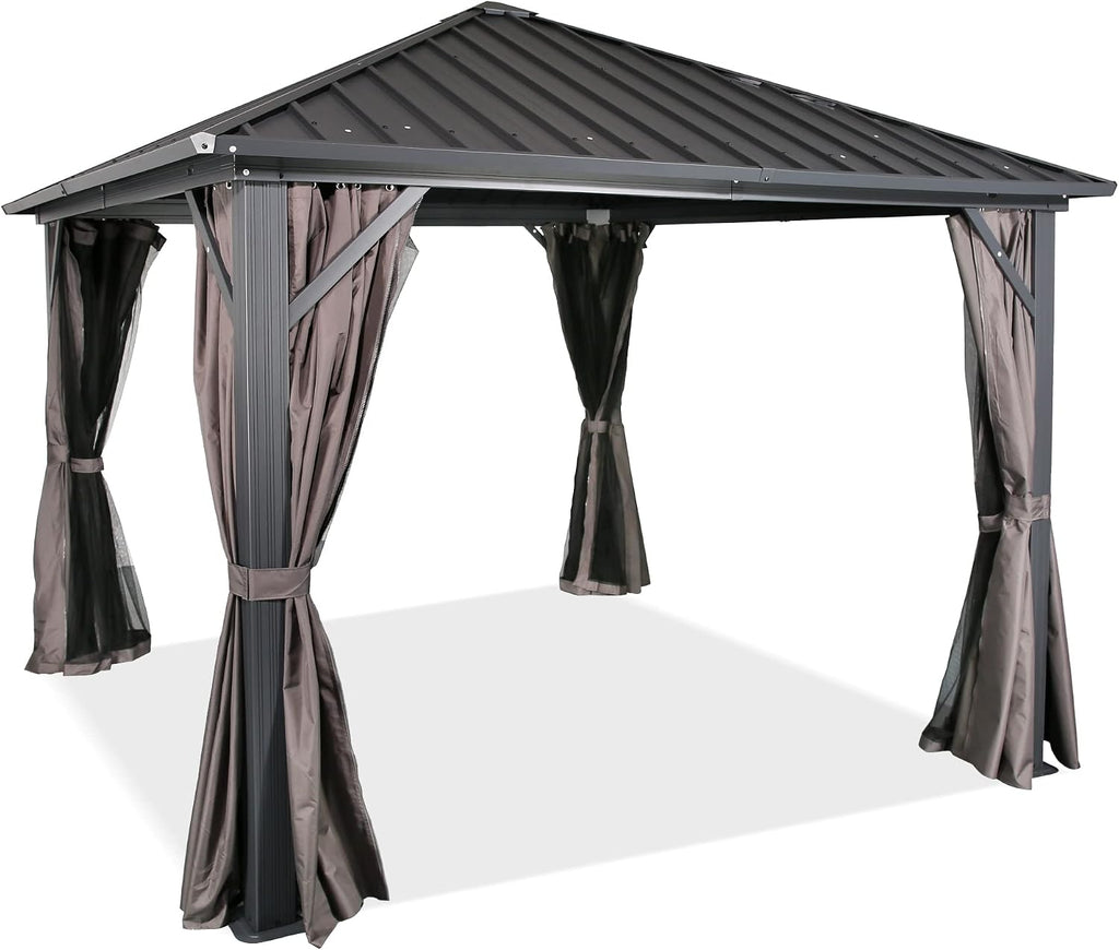 Ulax Furniture Outdoor Hardtop Gazebo Patio Aluminum Permanent Pergola with Galvanized Steel Roof, Mosquito Net and Privacy Curtain (10' x 10')