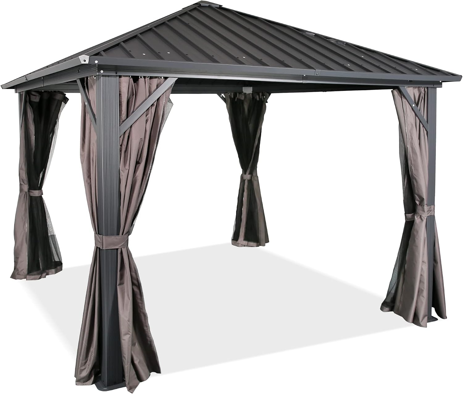 Ulax Furniture Outdoor Hardtop Gazebo Patio Aluminum Permanent Pergola with Galvanized Steel Roof, Mosquito Net and Privacy Curtain (10' x 10')