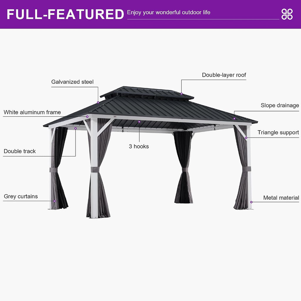 PURPLE LEAF 10' X 14' Outdoor Gazebo Galvanized Steel Double Roof White Aluminum Frame Hardtop Heavy Duty Gazebo with Curtain and Netting for Patio Garden and Backyard, Grey