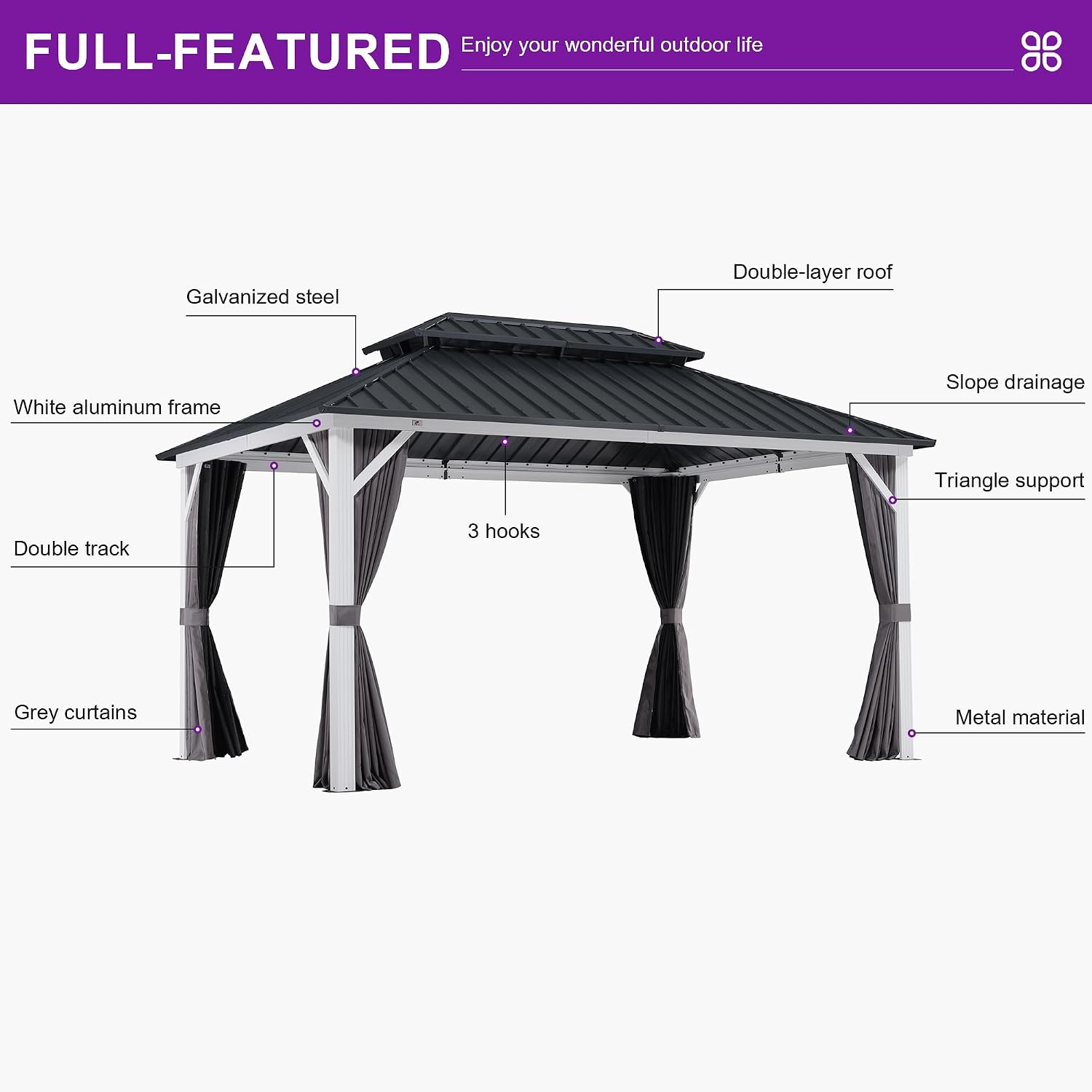 PURPLE LEAF 10' X 14' Outdoor Gazebo Galvanized Steel Double Roof White Aluminum Frame Hardtop Heavy Duty Gazebo with Curtain and Netting for Patio Garden and Backyard, Grey